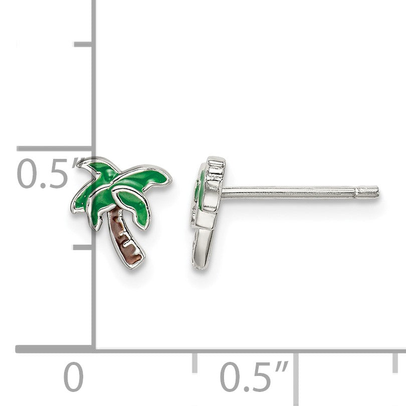 Sterling Silver Rhodium-plated Polished Enameled Palm Tree Post Earrings