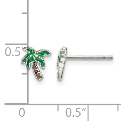 Sterling Silver Rhodium-plated Polished Enameled Palm Tree Post Earrings