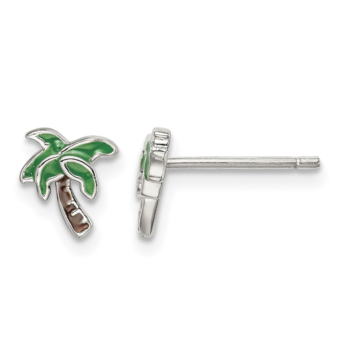 Sterling Silver Rhodium-plated Polished Enameled Palm Tree Post Earrings