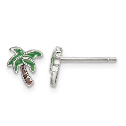 Sterling Silver Rhodium-plated Polished Enameled Palm Tree Post Earrings