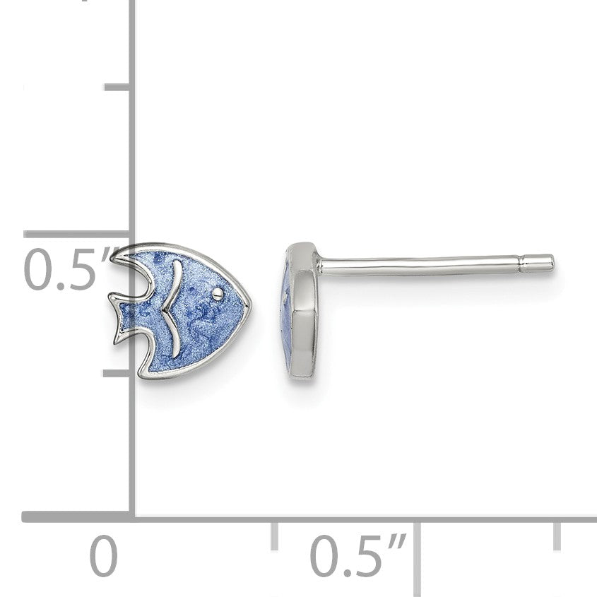 Sterling Silver Rhodium-plated Polished Blue Enameled Fish Childs Post Earrings