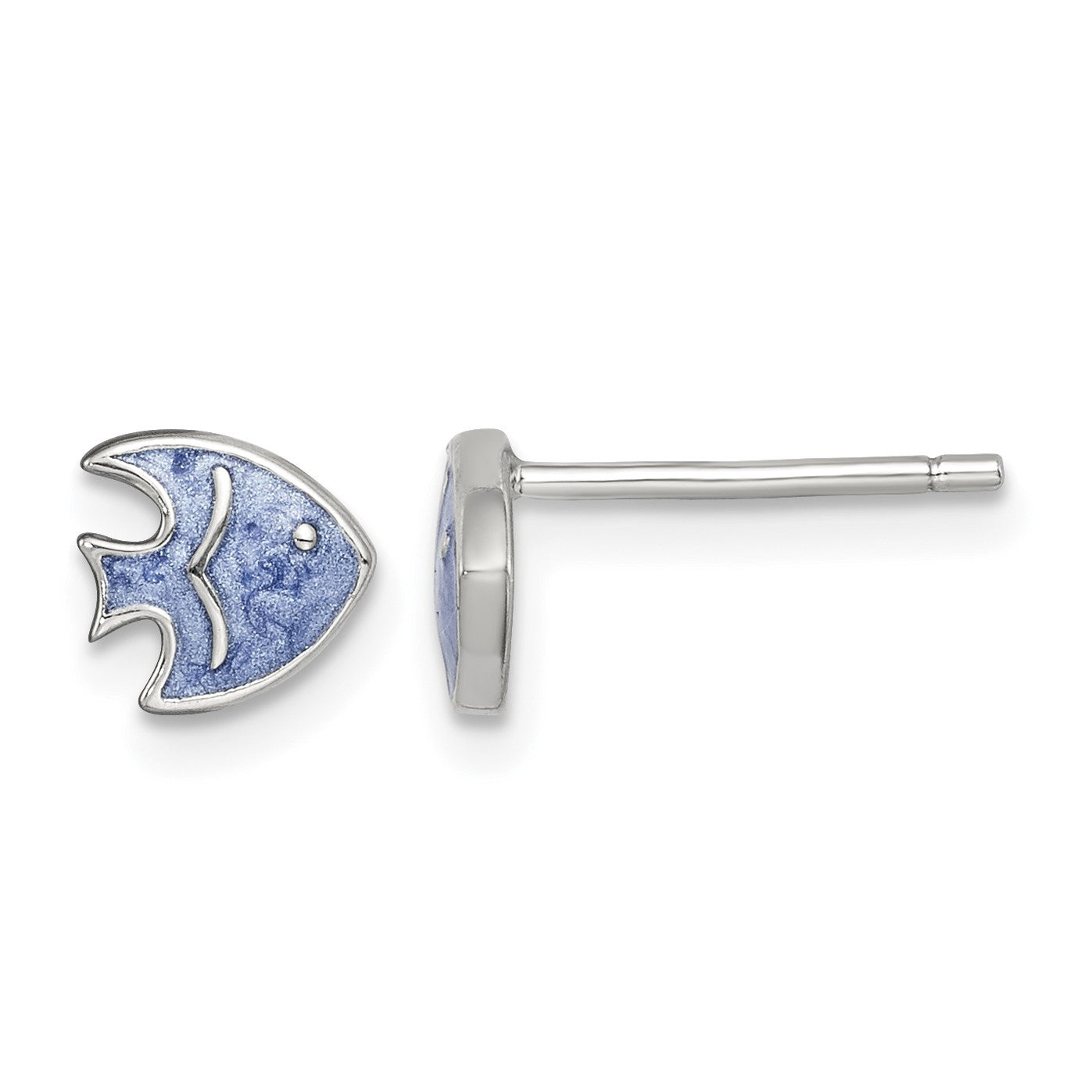 Sterling Silver Rhodium-plated Polished Blue Enameled Fish Childs Post Earrings