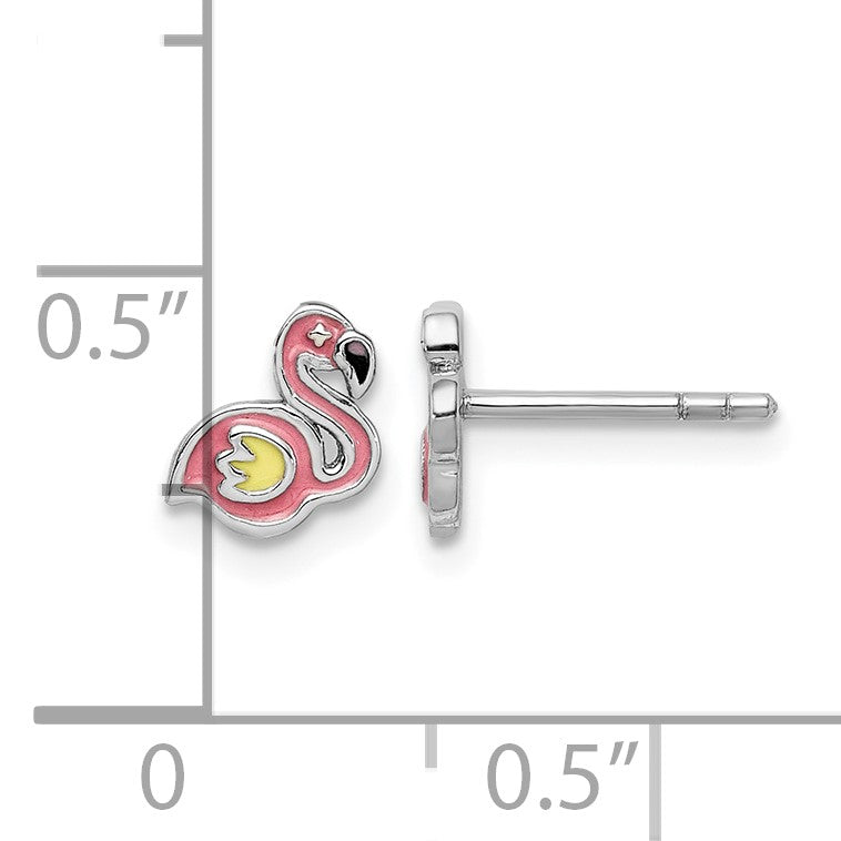 Sterling Silver Rhodium-plated Polished & Multi-color Enameled Flamingo Children's Post Earrings