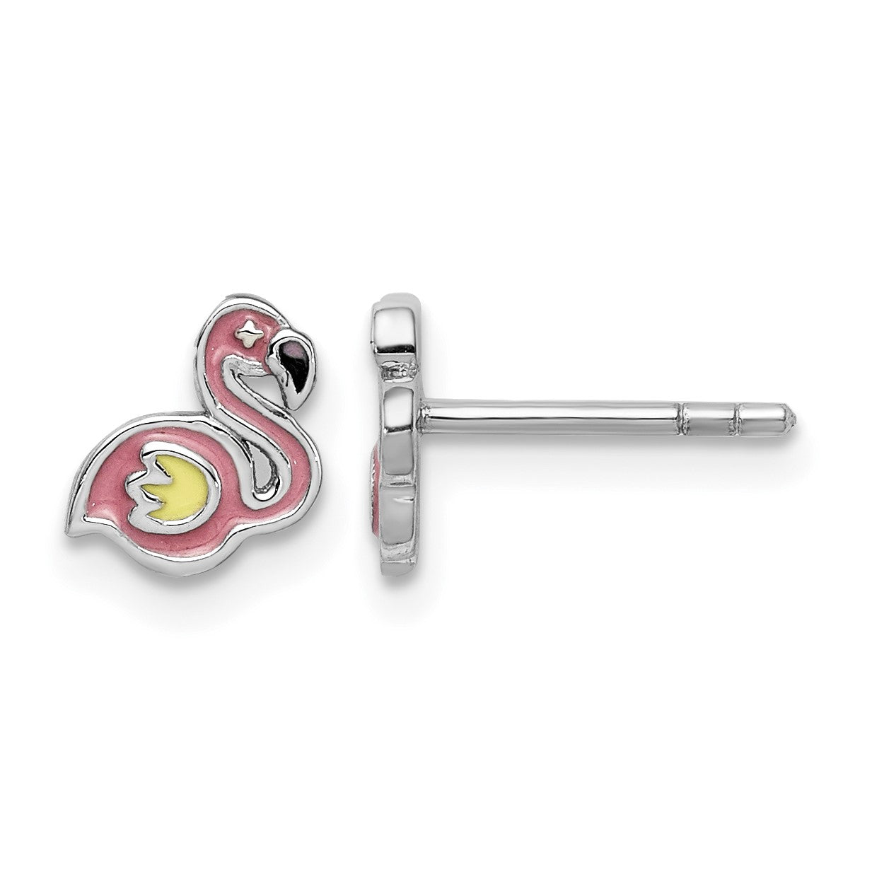 Sterling Silver Rhodium-plated Polished & Multi-color Enameled Flamingo Children's Post Earrings