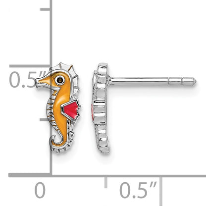 Sterling Silver Rhodium-plated Children's Polished and Multi-color Enameled Seahorse Post Earrings