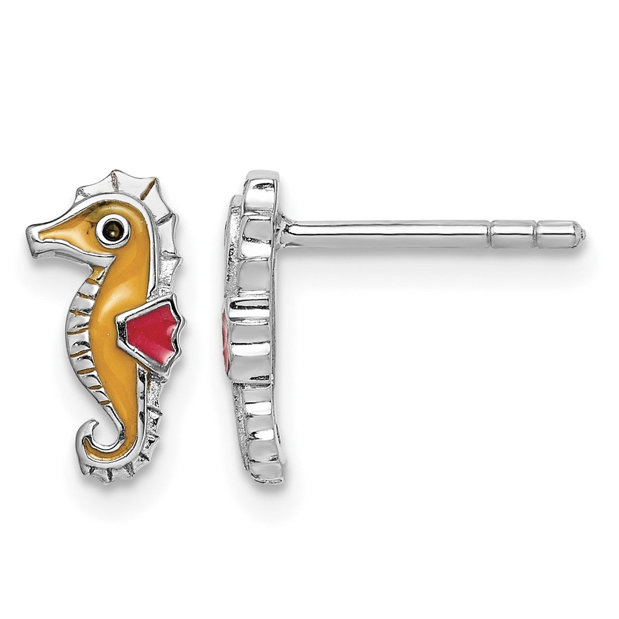 Sterling Silver Rhodium-plated Children's Polished and Multi-color Enameled Seahorse Post Earrings