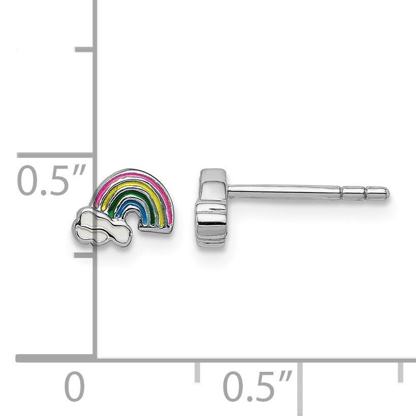 Sterling Silver Rhodium-plated Polished & Multi-color Enameled Rainbow & Clouds Children's Post Earrings
