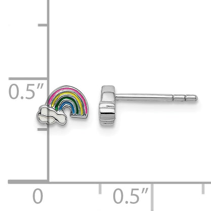 Sterling Silver Rhodium-plated Polished & Multi-color Enameled Rainbow & Clouds Children's Post Earrings