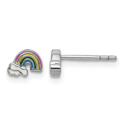 Sterling Silver Rhodium-plated Polished & Multi-color Enameled Rainbow & Clouds Children's Post Earrings