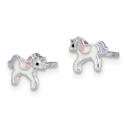 Sterling Silver Rhodium-plated Polished Multi-color Enameled Unicorn Petite Post Earrings