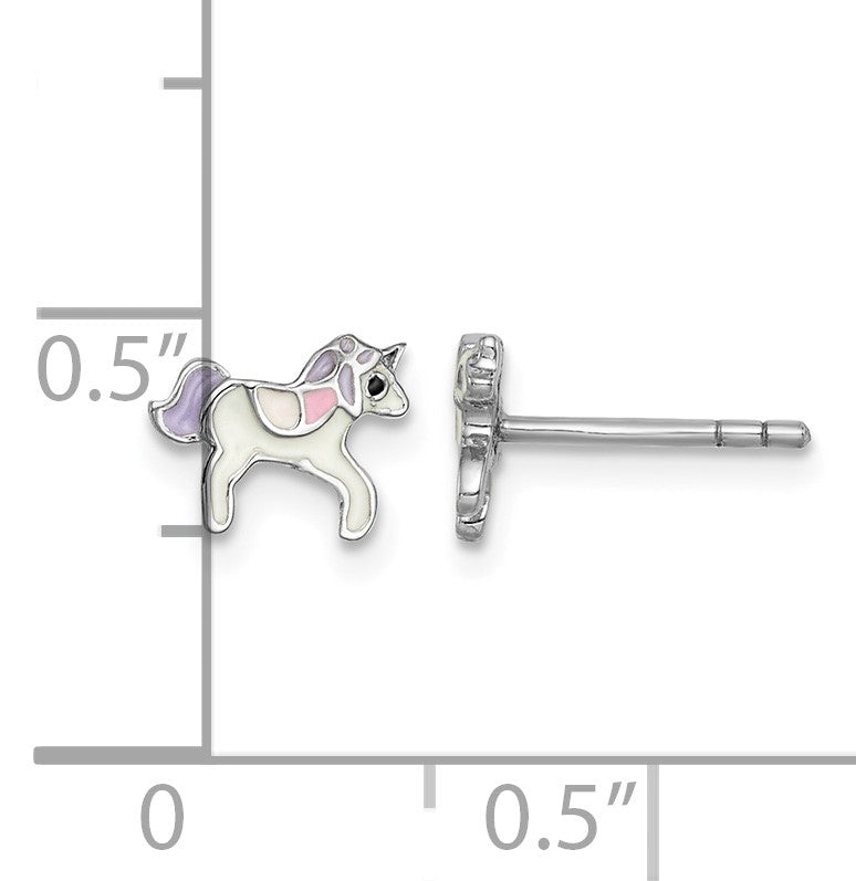 Sterling Silver Rhodium-plated Polished Multi-color Enameled Unicorn Petite Post Earrings