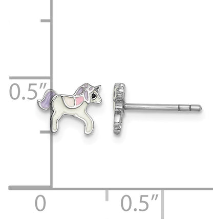 Sterling Silver Rhodium-plated Polished Multi-color Enameled Unicorn Petite Post Earrings
