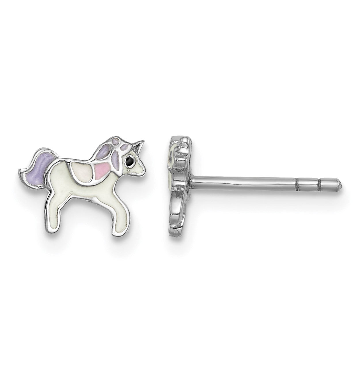 Sterling Silver Rhodium-plated Polished Multi-color Enameled Unicorn Petite Post Earrings