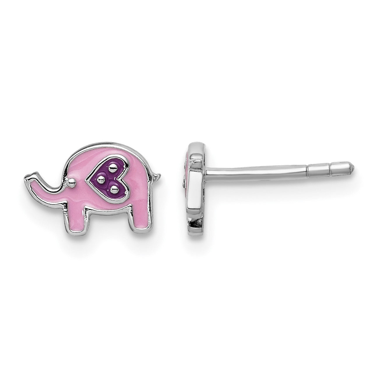Sterling Silver Rhodium-plated Polished Pink & Purple Enameled Elephant Children's Post Earrings