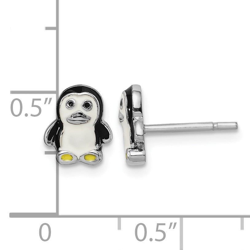Sterling Silver Rhodium-plated Polished Multi-color Enameled Penguin Children's Post Earrings