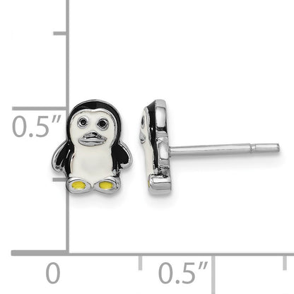 Sterling Silver Rhodium-plated Polished Multi-color Enameled Penguin Children's Post Earrings