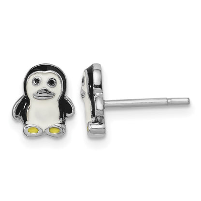 Sterling Silver Rhodium-plated Polished Multi-color Enameled Penguin Children's Post Earrings