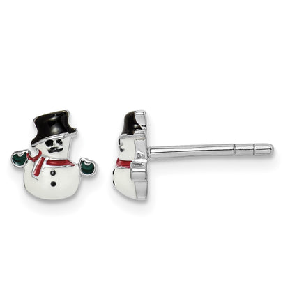 Sterling Silver Rhodium-plated Polished Multi-color Enameled Snowman Children's Post Earrings