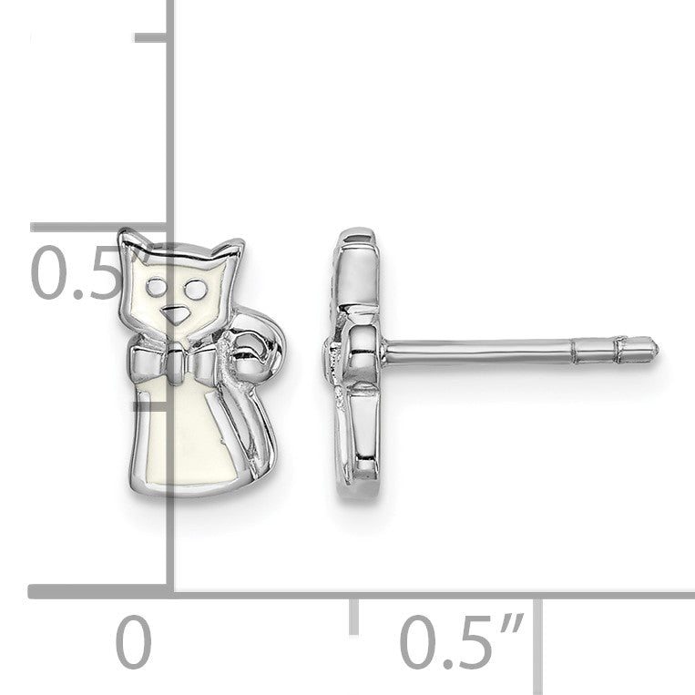 Sterling Silver Rhodium-plated Polished White Enameled Cat Children's Post Earrings