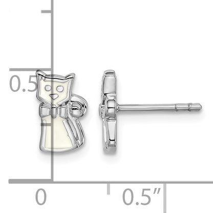 Sterling Silver Rhodium-plated Polished White Enameled Cat Children's Post Earrings