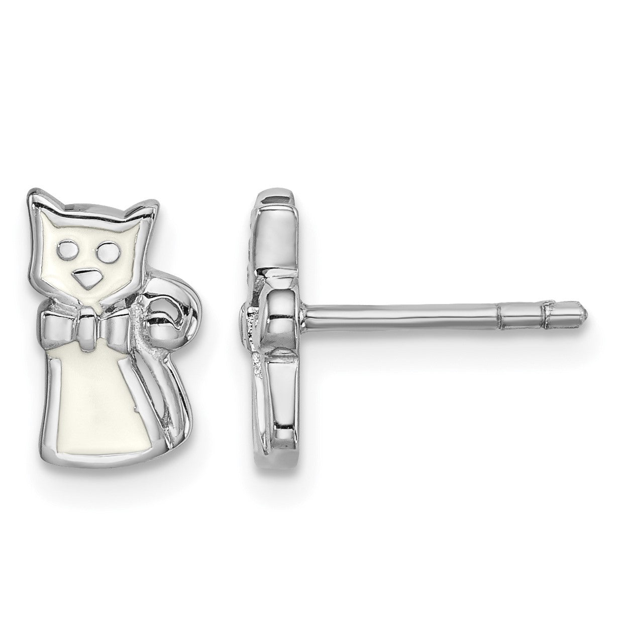 Sterling Silver Rhodium-plated Polished White Enameled Cat Children's Post Earrings