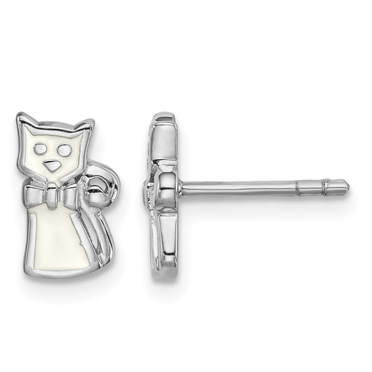 Sterling Silver Rhodium-plated Polished White Enameled Cat Children's Post Earrings