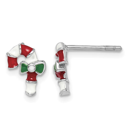 Sterling Silver Rhodium-plated Polished Multi-color Enameled Candy Cane Children's Post Earrings