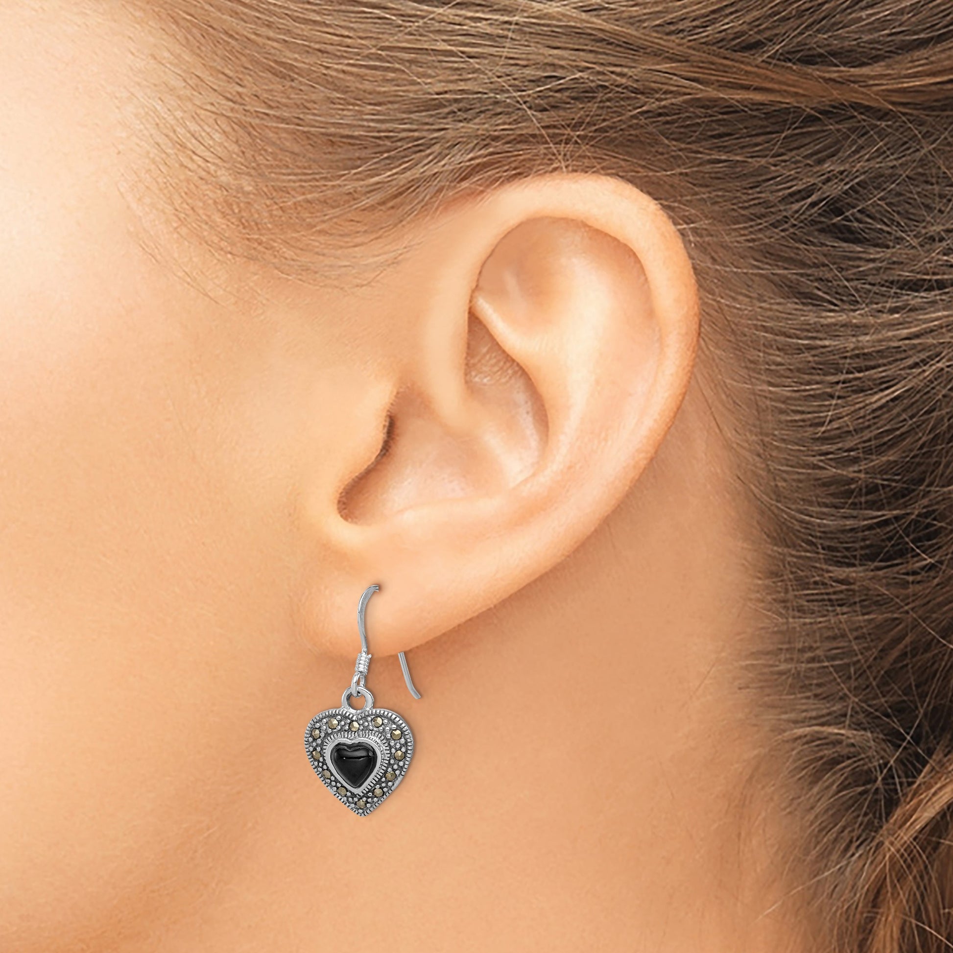 Sterling Silver RH-plated Antiqued Onyx & Marcasite Heart Dangle Earrings