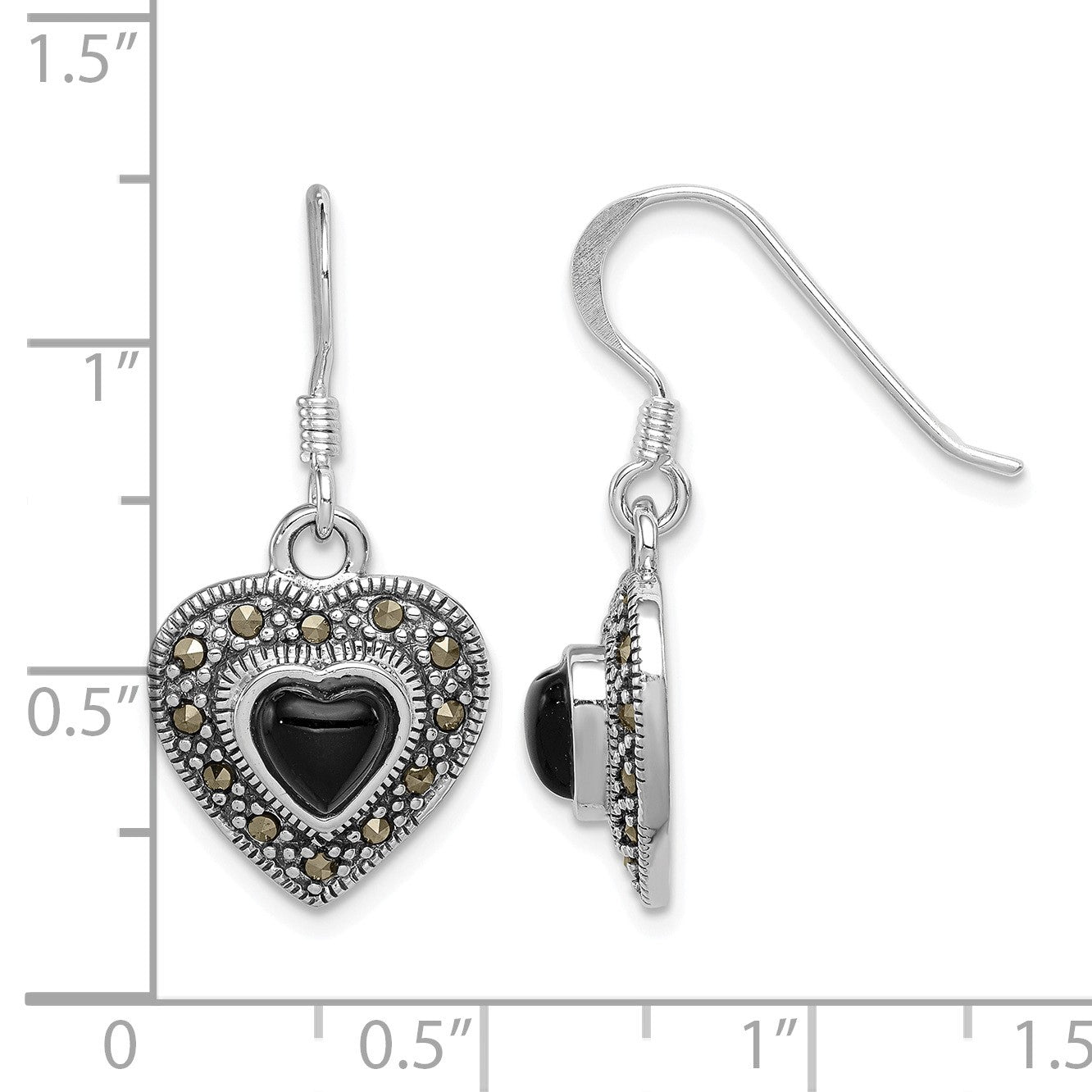 Sterling Silver RH-plated Antiqued Onyx & Marcasite Heart Dangle Earrings