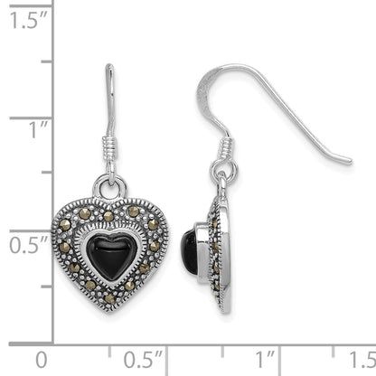 Sterling Silver RH-plated Antiqued Onyx & Marcasite Heart Dangle Earrings