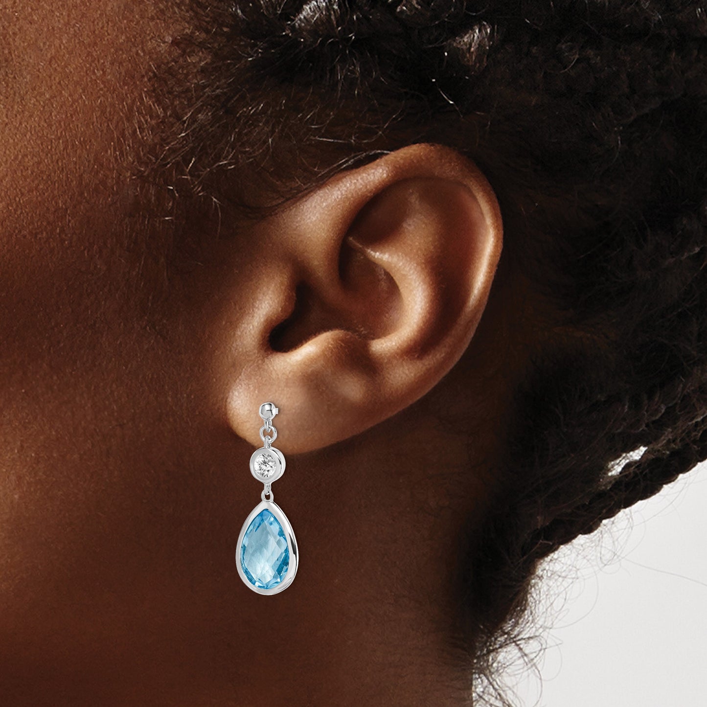 Sterling Silver Rhodium-plated White and Blue Topaz Post Dangle Earrings