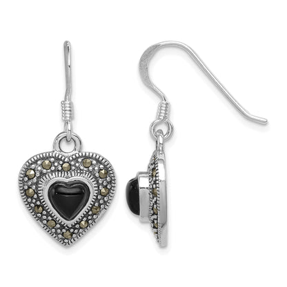 Sterling Silver RH-plated Antiqued Onyx & Marcasite Heart Dangle Earrings