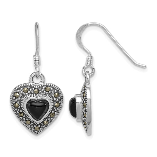 Sterling Silver RH-plated Antiqued Onyx & Marcasite Heart Dangle Earrings