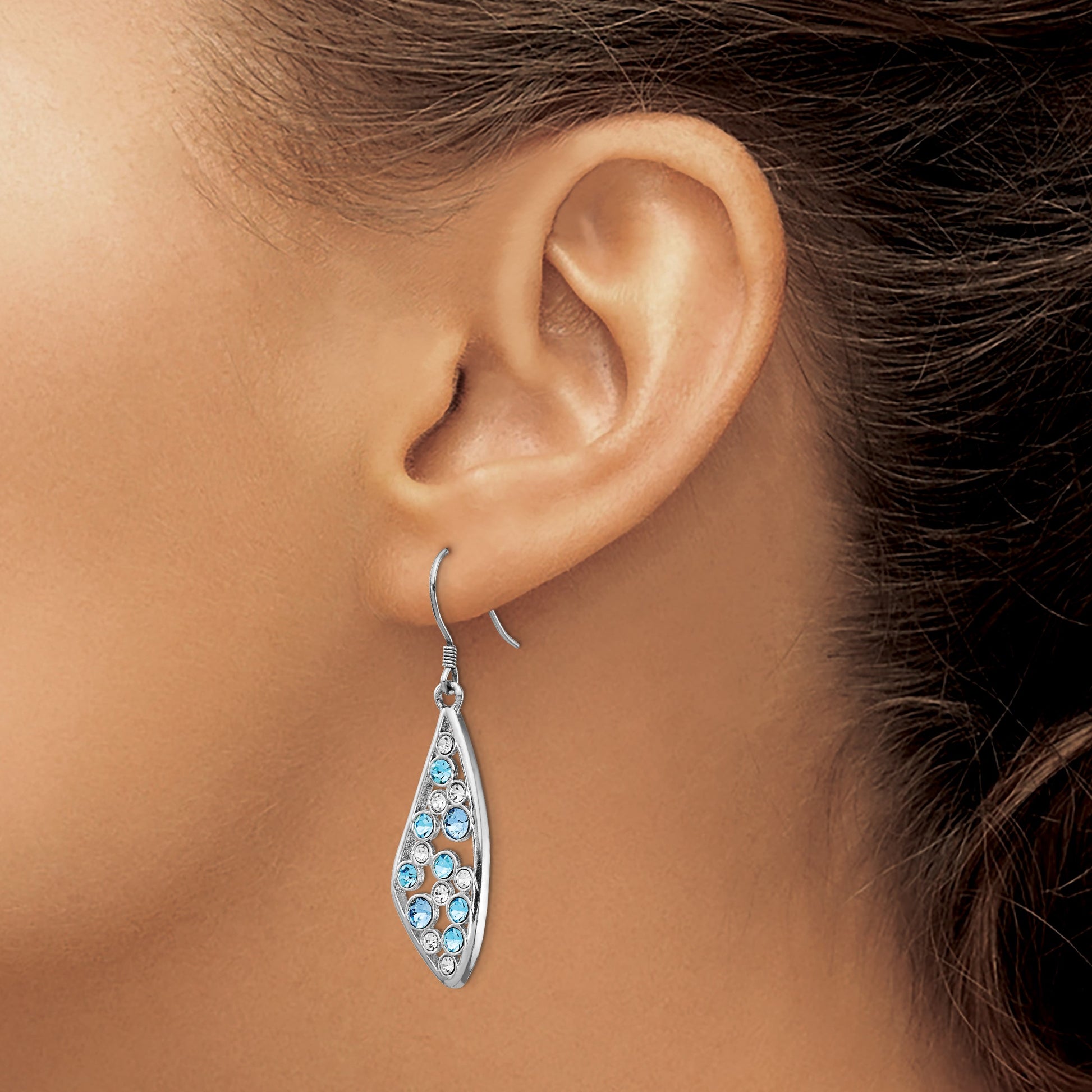 Sterling Silver Rhodium-plated Blue / White Crystal Wing Dangle Earrings
