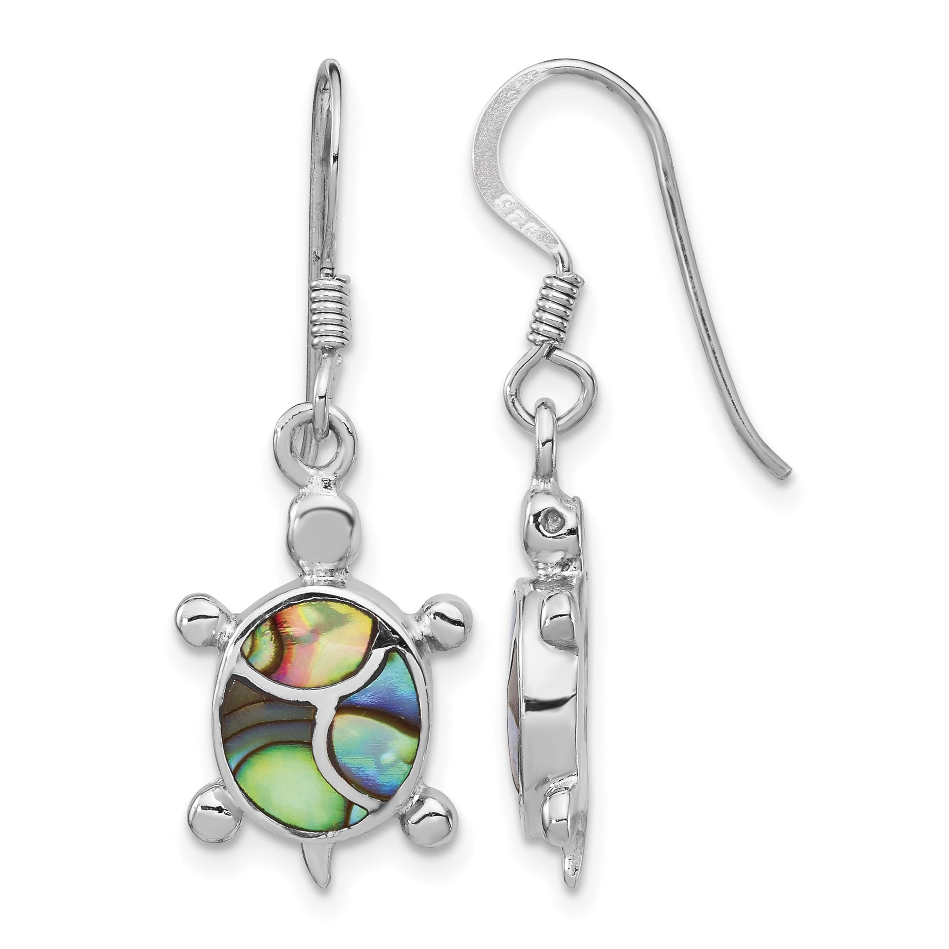 Sterling Silver Rhodium-plated Abalone Turtle Dangle Earrings