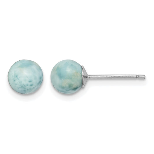 Sterling Silver Rhodium-plated Polished 6mm Round Larimar Post Earrings