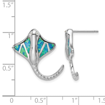 Sterling Silver Rhodium-plated Created Blue Opal Stingray Post Earrings