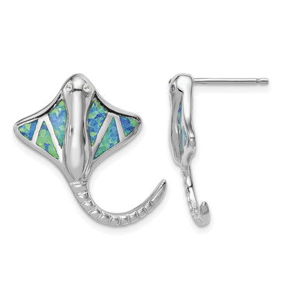 Sterling Silver Rhodium-plated Created Blue Opal Stingray Post Earrings