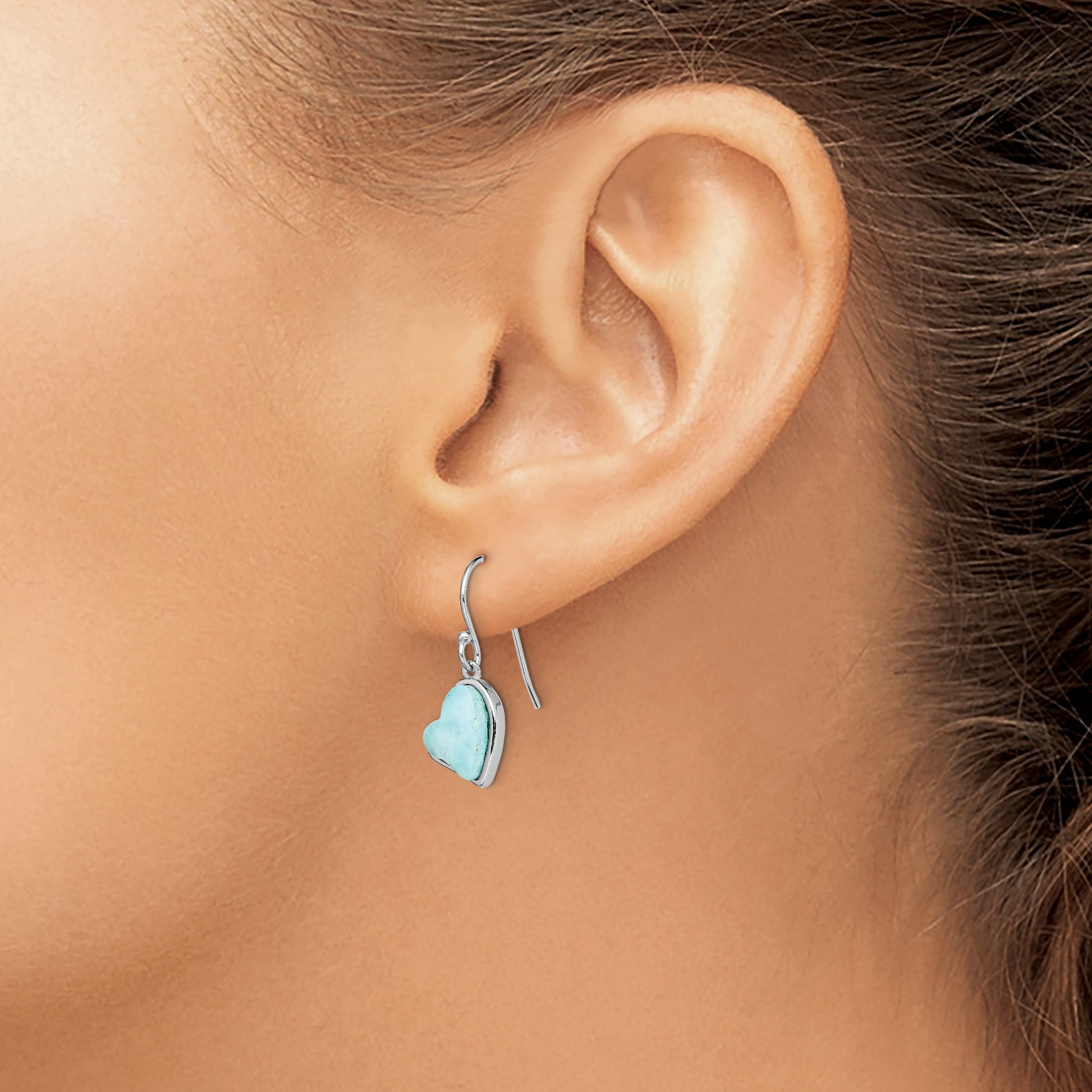 Sterling Silver Rhodium-plated Light Blue Larimar Heart Dangle Earrings
