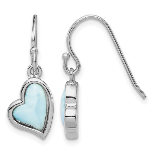 Sterling Silver Rhodium-plated Light Blue Larimar Heart Dangle Earrings