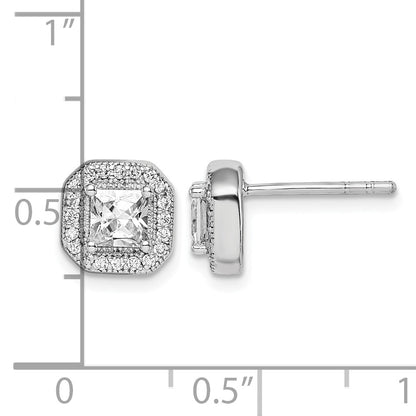 Sterling Silver Rhodium Plated Square Clear Center and Clear CZ Post Earrings