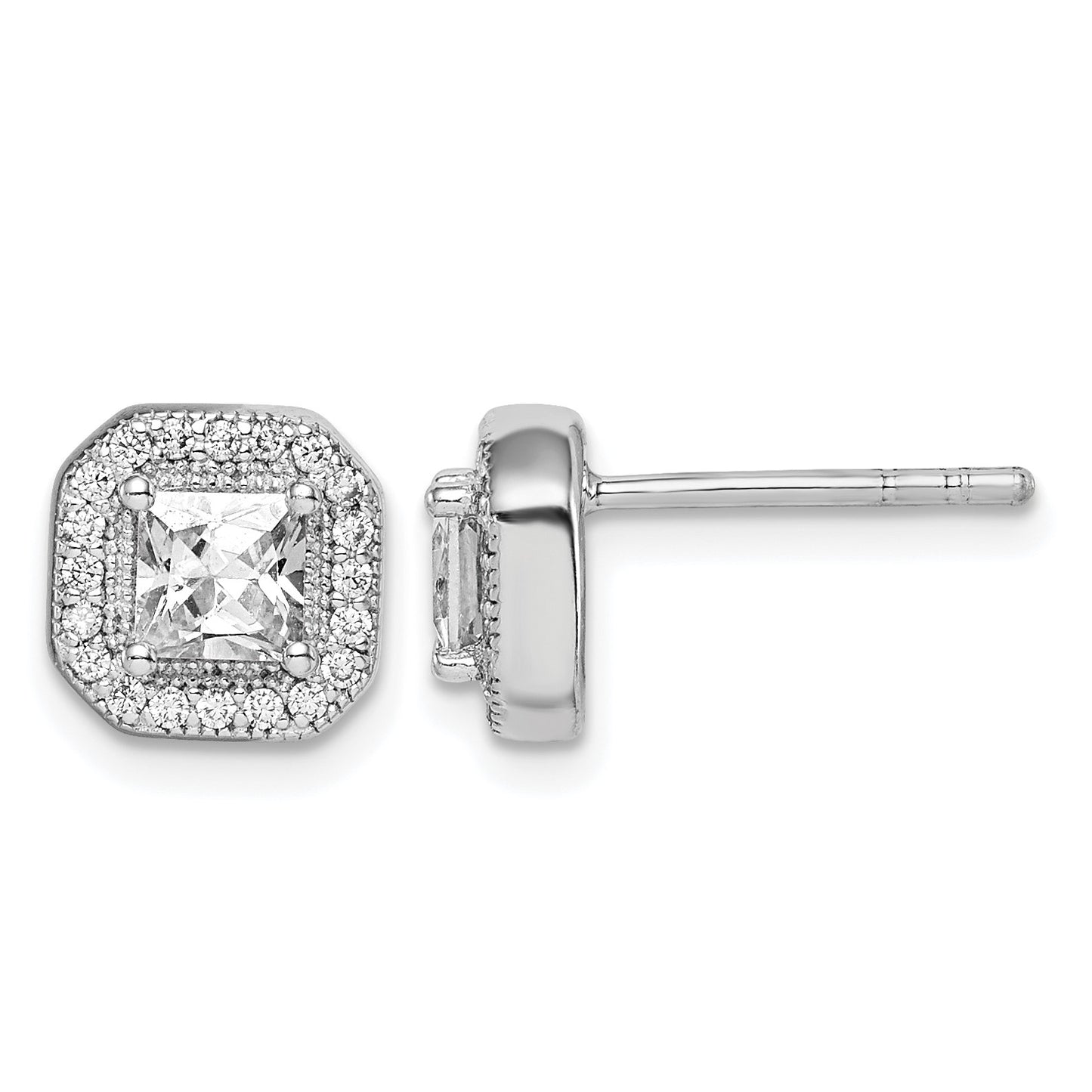 Sterling Silver Rhodium Plated Square Clear Center and Clear CZ Post Earrings