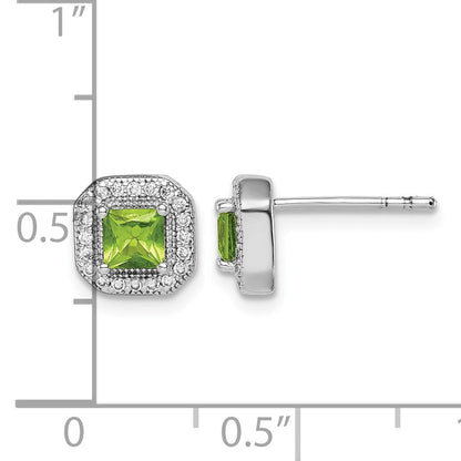 Sterling Silver Rhodium Plated Square Green and Clear CZ Post Earrings