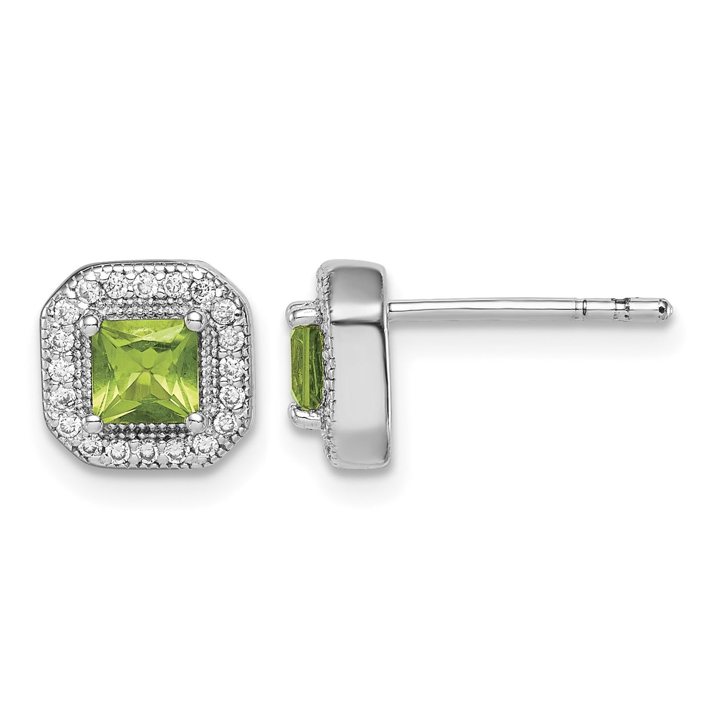 Sterling Silver Rhodium Plated Square Green and Clear CZ Post Earrings