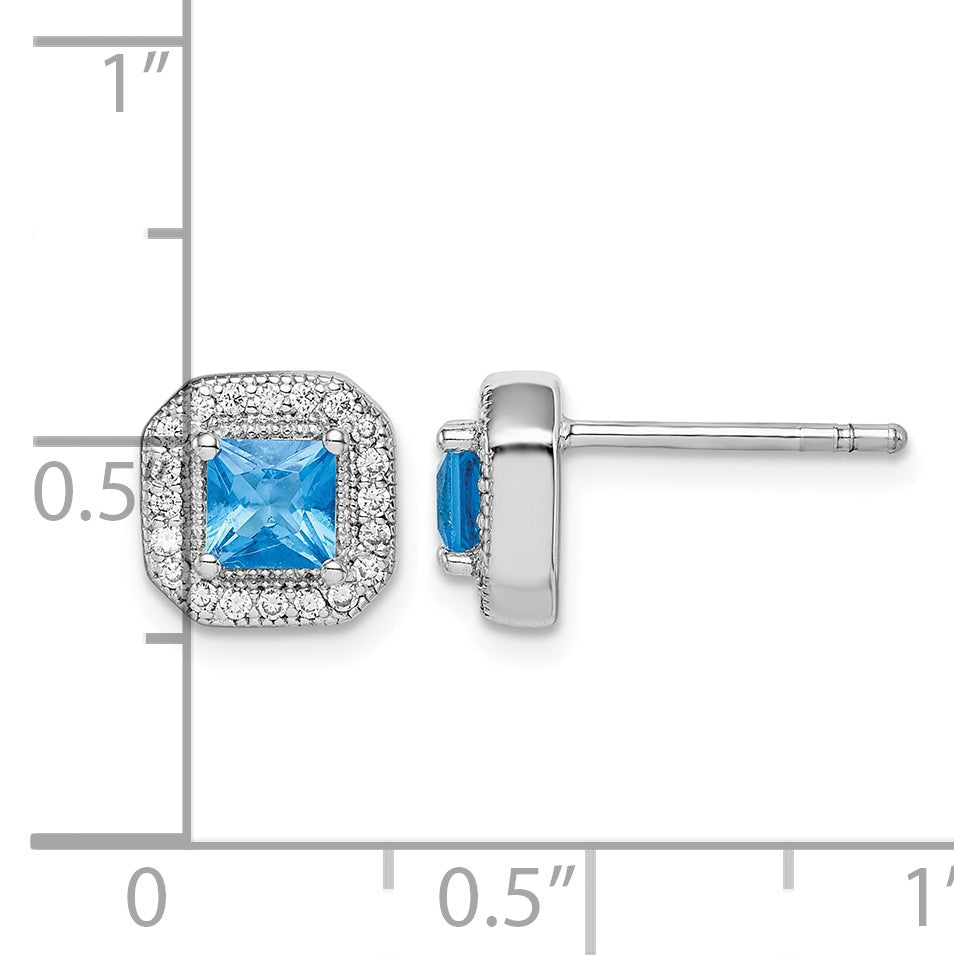 Sterling Silver Rhodium Plated Square Blue and Clear CZ Post Earrings
