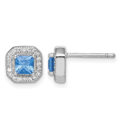 Sterling Silver Rhodium Plated Square Blue and Clear CZ Post Earrings