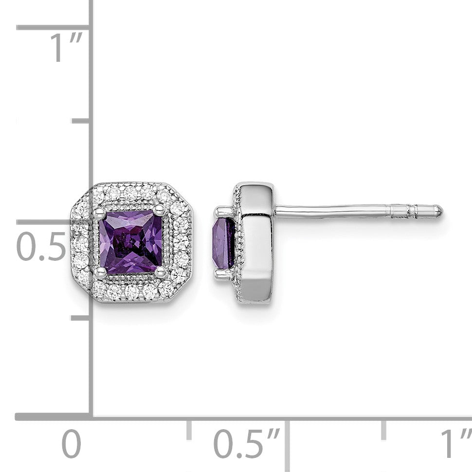 Sterling Silver Rhodium Plated Square Purple CZ and Clear CZ Post Earrings