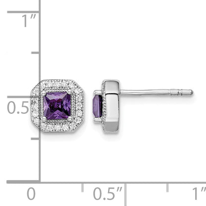 Sterling Silver Rhodium Plated Square Purple CZ and Clear CZ Post Earrings