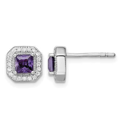 Sterling Silver Rhodium Plated Square Purple CZ and Clear CZ Post Earrings