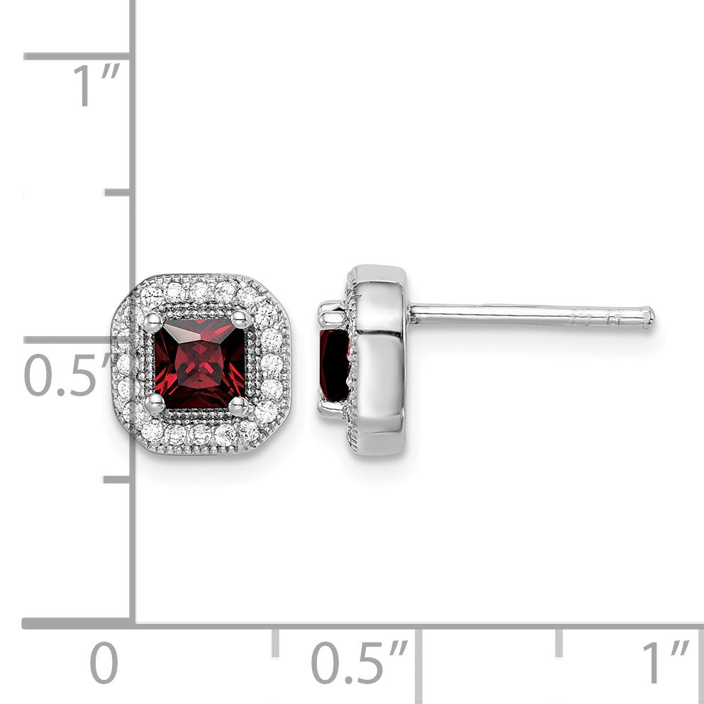 Sterling Silver Rhodium Plated Square Red CZ and Clear CZ Post Earrings